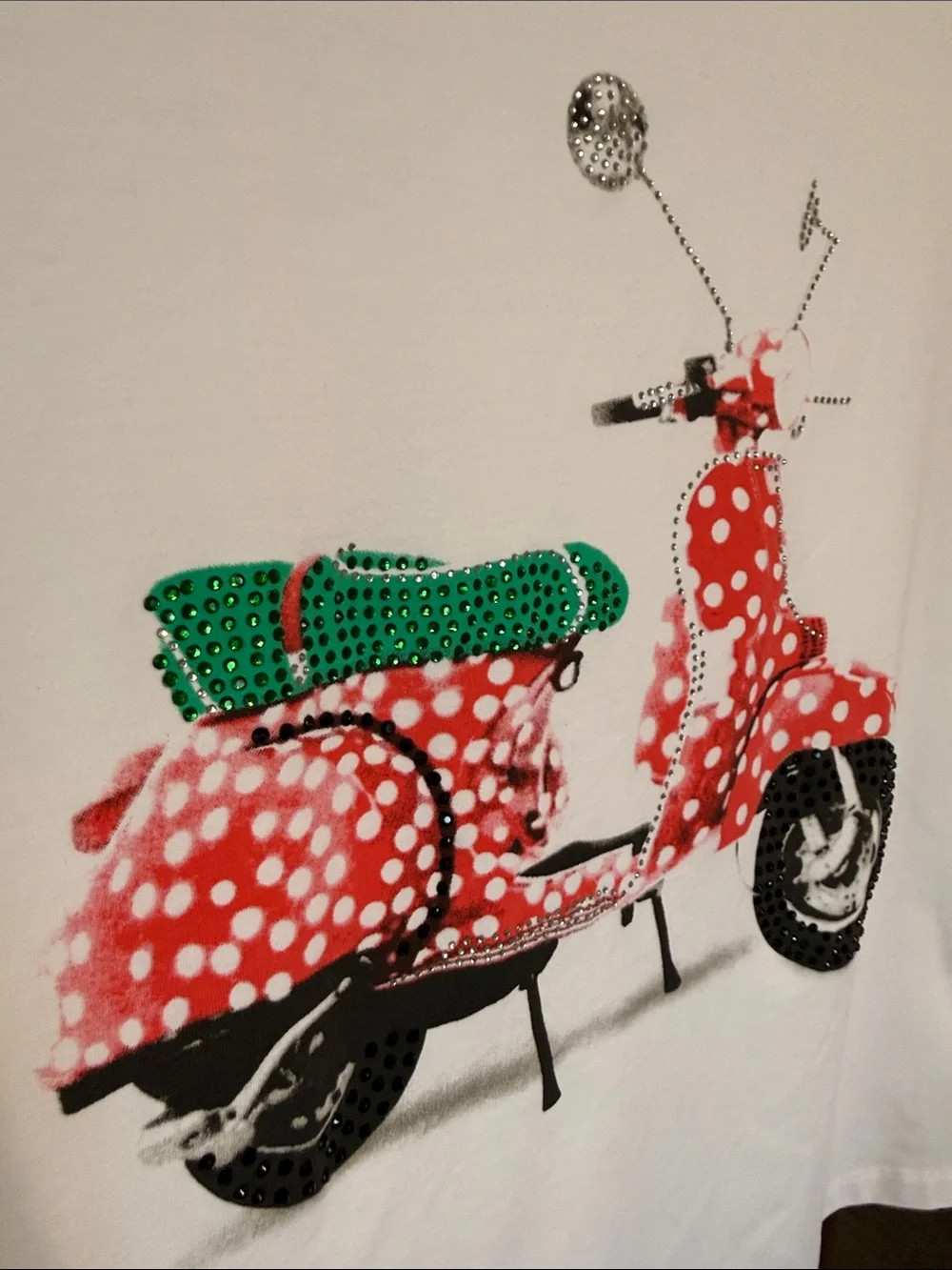 Carre Noir White Polka Dot Scooter Rhinestone Embellished Graphic Tee Small